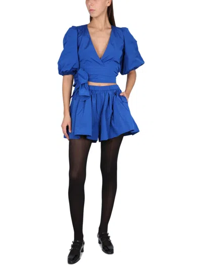 Red Valentino Taffeta Top With Puff Sleeves And Bow Detail In Blue