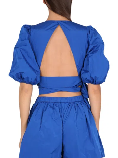 Red Valentino Taffeta Top With Puff Sleeves And Bow Detail In Blue