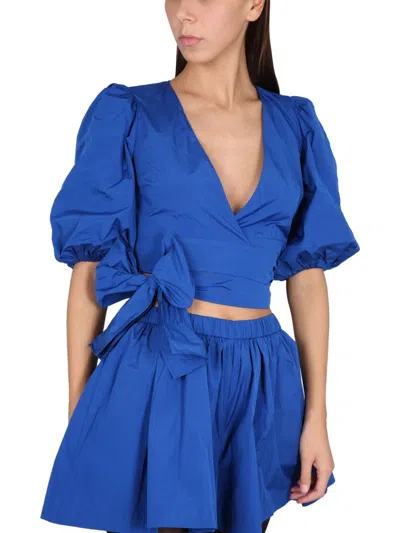 Red Valentino Taffeta Top With Puff Sleeves And Bow Detail In Blue