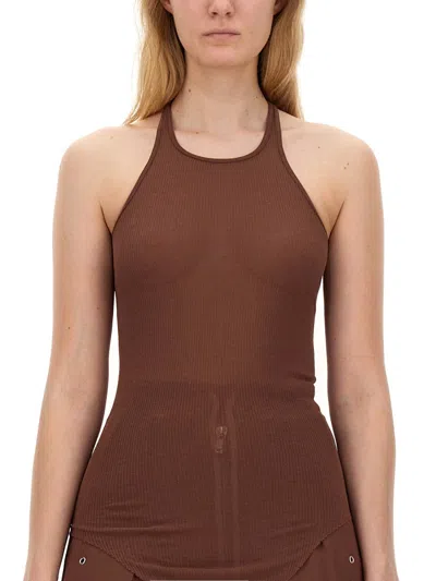 Rick Owens Ribbed Racerback Tank Top In Brown