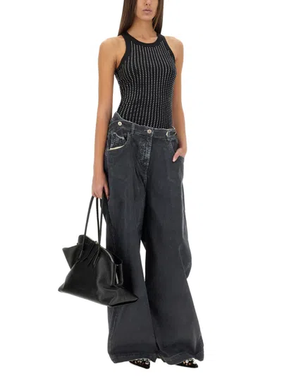 Attico Black Tank Top With Strass Tops Black In Black