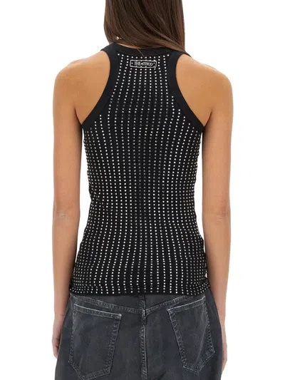 Attico Black Tank Top With Strass Tops Black In Black