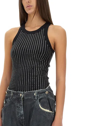 Attico Black Tank Top With Strass Tops Black In Black