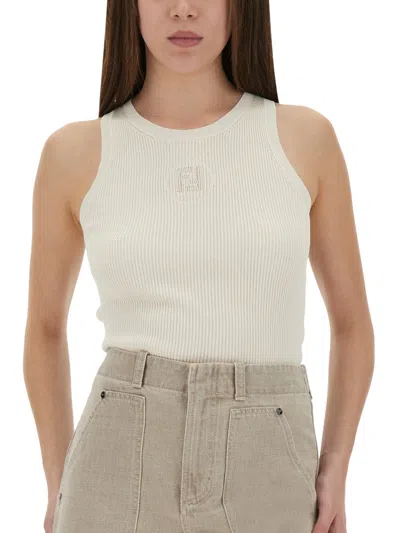 Fendi Fitted Ribbed Cotton Tank Top In White