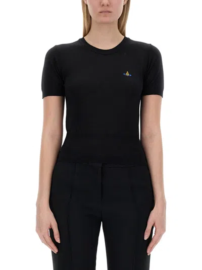 Vivienne Westwood Orb Embroidered Short-sleeved Knit Top In Black