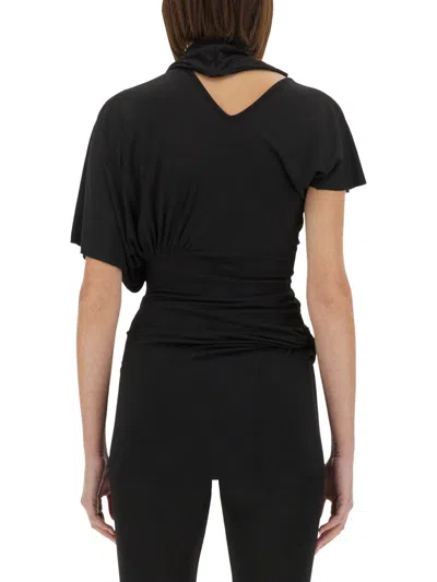 Rick Owens Asymmetric Draped Waist High Neckline Short Sleeves In Black