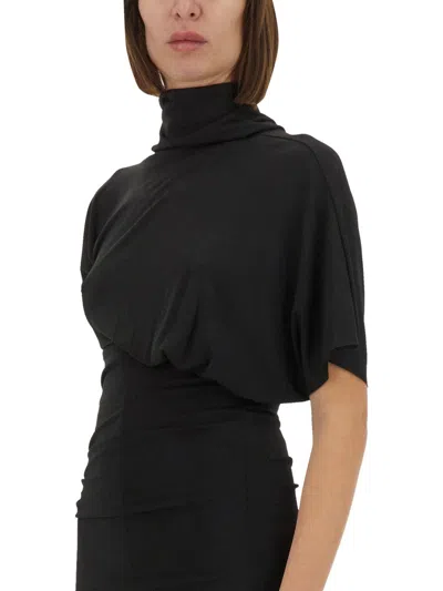 Rick Owens Asymmetric Draped Waist High Neckline Short Sleeves In Black