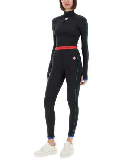 Casablanca Stripe Long-sleeve Cropped Activewear Top In Black