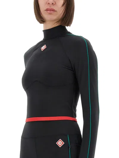 Casablanca Stripe Long-sleeve Cropped Activewear Top In Black