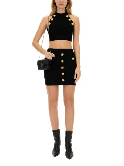 Balmain Cropped Knit Top With Gold Buttons In Black