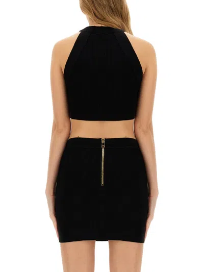 Balmain Cropped Knit Top With Gold Buttons In Black