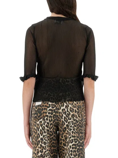 Ganni Transparent Jacquard Top With Playful Graphic In Black
