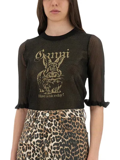 Ganni Transparent Jacquard Top With Playful Graphic In Black