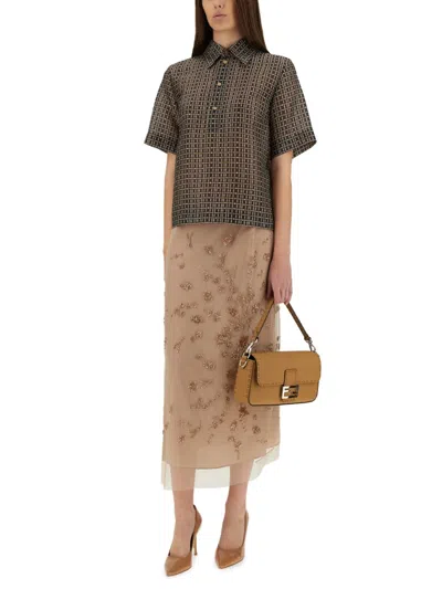 Fendi Embroidered Tulle Maxi Skirt With Sheer Overlay In Neutral