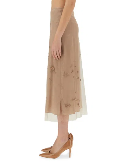 Fendi Embroidered Tulle Maxi Skirt With Sheer Overlay In Neutral