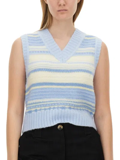 Ganni Multicolor Knit Vest With Stripe Motif In Wool Woman In Black