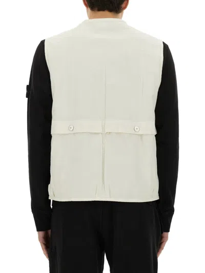 Stone Island Logo Sleeveless Vests With Button And Side Pockets In White