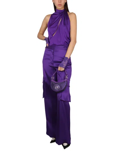 Versace Purple Halterneck Top With Diagonal Cut-out In Viscose Woman In Purple