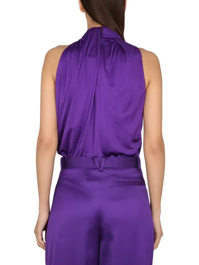 Versace Purple Halterneck Top With Diagonal Cut-out In Viscose Woman In Purple