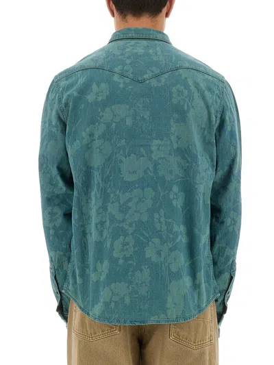 Paul Smith London Floral Cotton Denim Western Snap-up Shirt In Blue