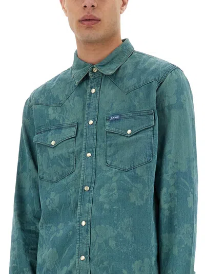 Paul Smith London Floral Cotton Denim Western Snap-up Shirt In Blue