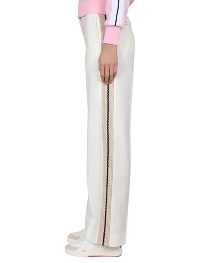 Palm Angels Wide Leg Wool Trousers With Side Stripe In White