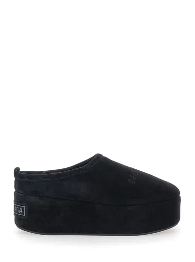Balenciaga Suede Mules With Rounded Toe And Elevated Platform Sole In Black