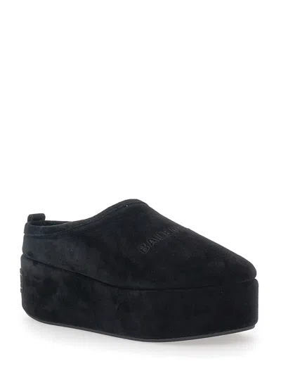 Balenciaga Suede Mules With Rounded Toe And Elevated Platform Sole In Black