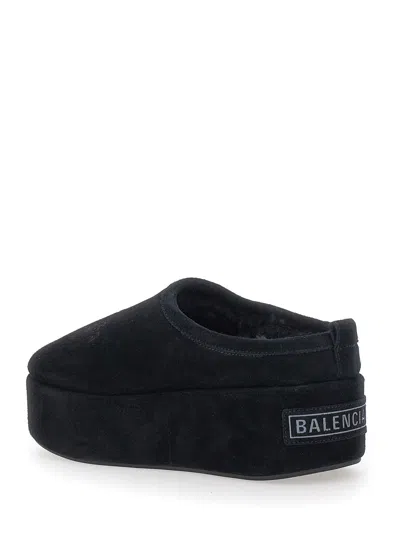 Balenciaga Suede Mules With Rounded Toe And Elevated Platform Sole In Black
