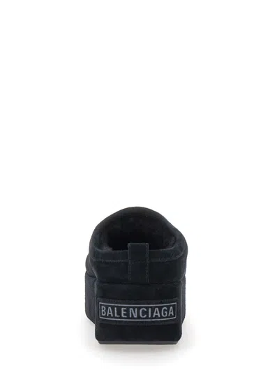 Balenciaga Suede Mules With Rounded Toe And Elevated Platform Sole In Black