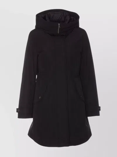 Woolrich Hooded Coat With Adjustable Cuffs And Drawstring Waist In Black