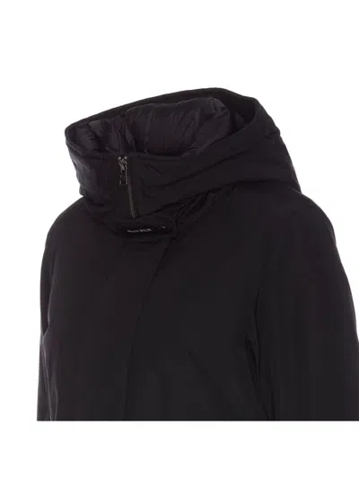 Woolrich Hooded Coat With Adjustable Cuffs And Drawstring Waist In Black