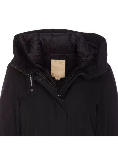 Woolrich Hooded Coat With Adjustable Cuffs And Drawstring Waist In Black
