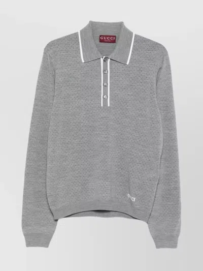 Gucci Men Wool Long-sleeves Polo Shirt In Gray