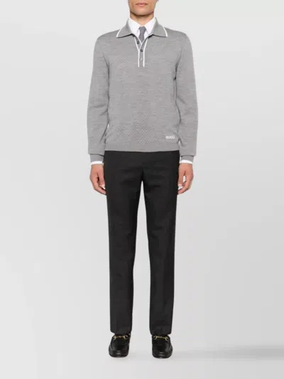 Gucci Men Wool Long-sleeves Polo Shirt In Gray