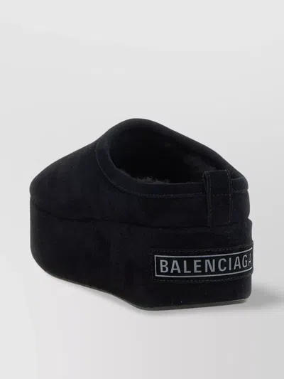 Balenciaga Suede Mules With Rounded Toe And Elevated Platform Sole In Black