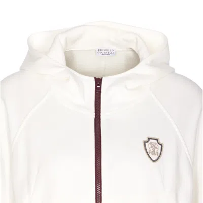Brunello Cucinelli White Sweatshirt With Fixed Hood And Logo Patch On The Front In Cotton Blend Woman In White