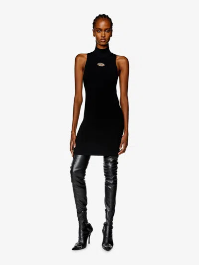 Diesel High Neck Fitted Mini Dress With Ribbed Texture In Black