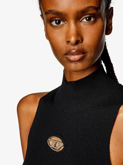 Diesel High Neck Fitted Mini Dress With Ribbed Texture In Black