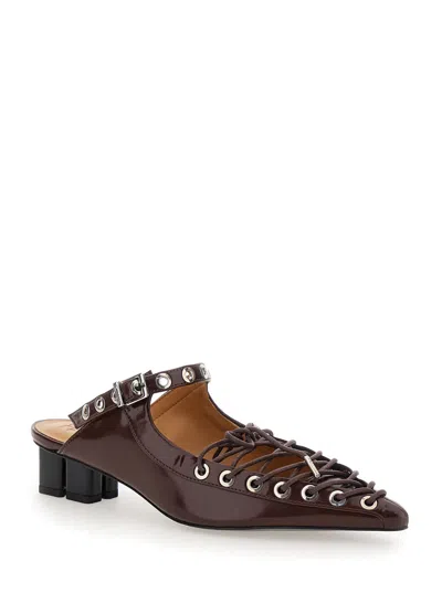 Ganni Brown Oleatex Mules With Laces In Brown