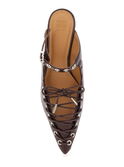 Ganni Brown Oleatex Mules With Laces In Brown