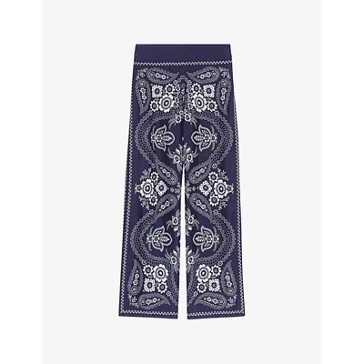 Maje Womens Navy Bandana Print Flowing Paisley-print Wide-leg Satin Trousers In Blue