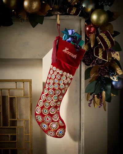 Sudha Pennathur Red Stocking With Gold Sequins & Gems, Personalizable In Multi
