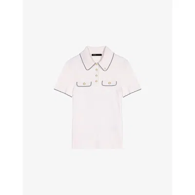 Maje Womens Ecru Flap-pocket Ribbed Stretch-knit Polo Shirt In White
