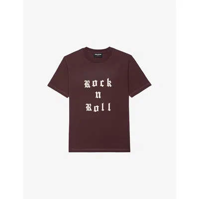 Zadig & Voltaire Crewneck Graphic Print Rock N Roll Beaded Top In Burgundy