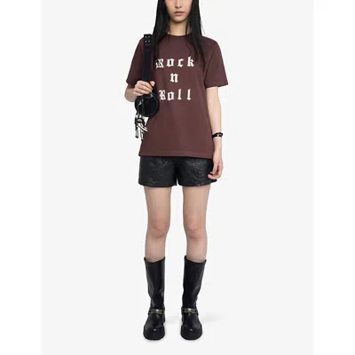 Zadig & Voltaire Crewneck Graphic Print Rock N Roll Beaded Top In Burgundy