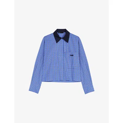 Maje Womens Blue Rhinestoned Tiles Rhinestone-embellished Removable-collar Cotton Shirt