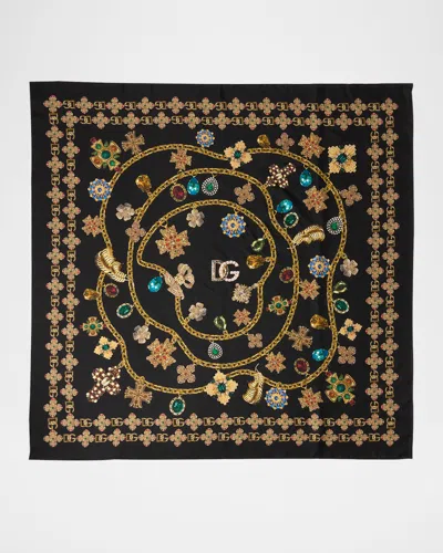 Dolce & Gabbana Floral Crystal Foulard Silk Scarf In Brown