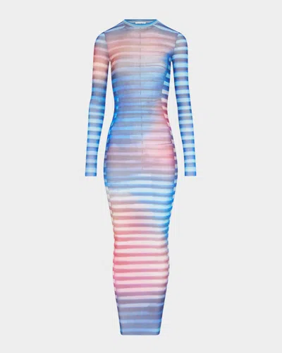 Jean Paul Gaultier Mesh Striped Bodycon Maxi Dress In Blue
