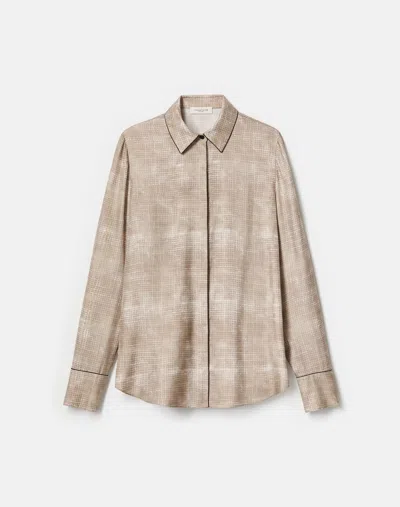 Lafayette 148 Diffused Houndstooth Print Silk Twill Button Blouse In Nude